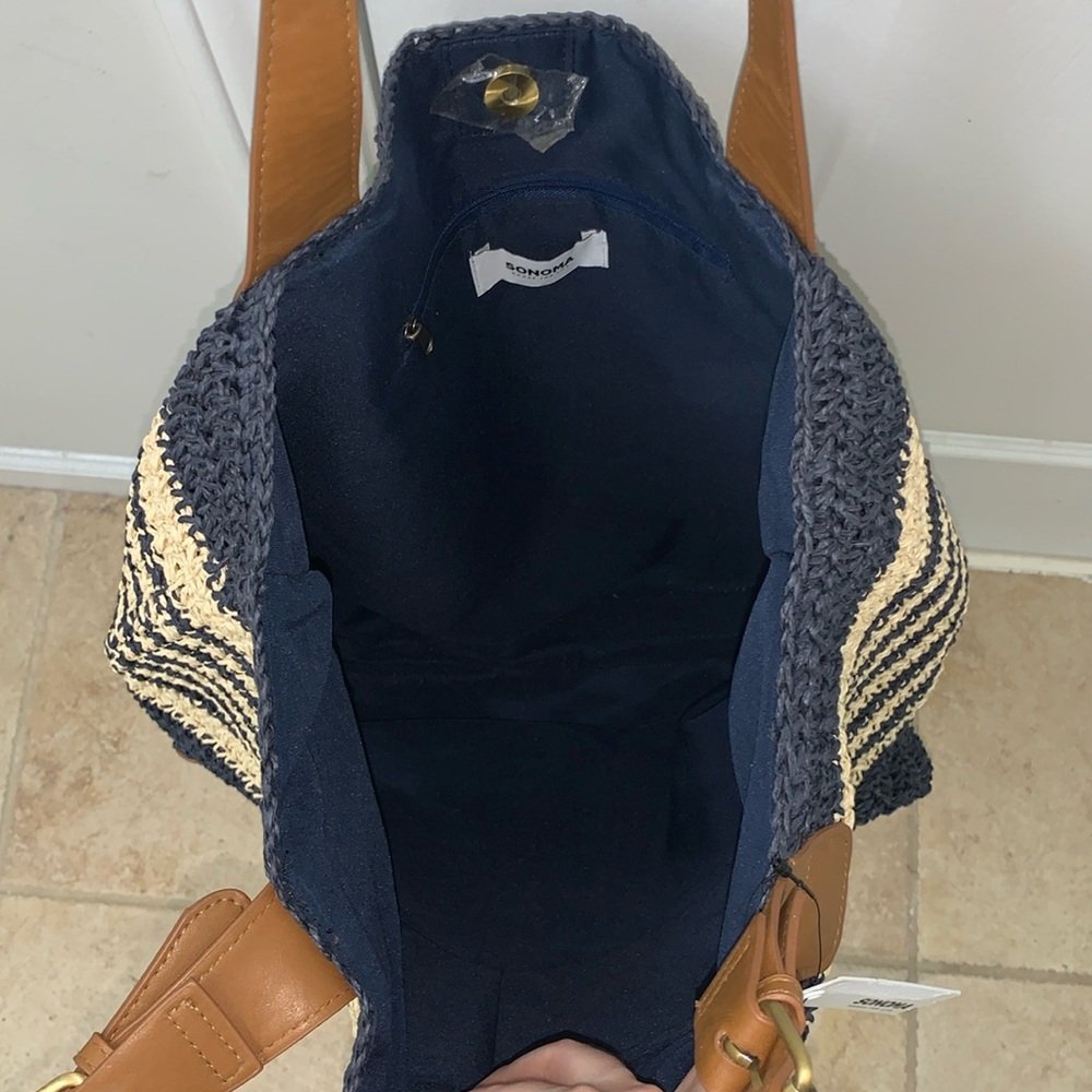 Navy Blue and Cream Striped Woven Straw Tote Bag - Picture 16 of 17